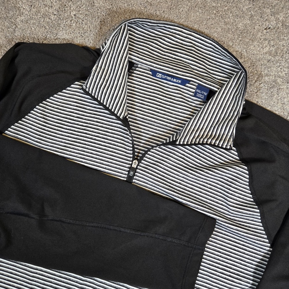 Cutter & Buck Men's Golf Quarter Zip Black White Micro Stripe Pullover‎ Size 2XL